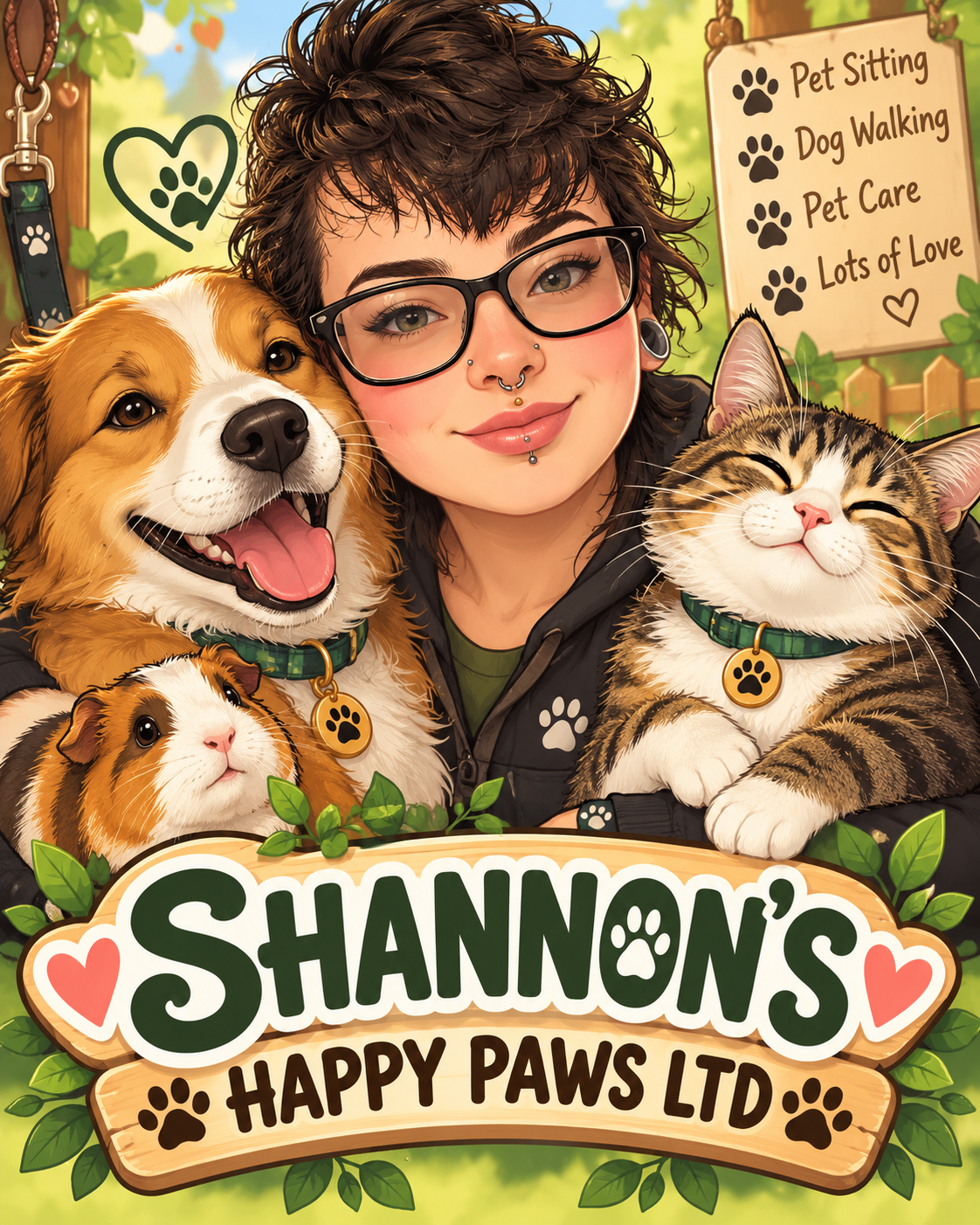 Illustration of Shannon hugging a happy dog, a cat and a guinea pig under the Shannon's Happy Paws sign